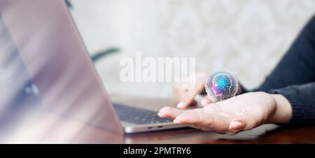Girl holding AI smart robot technology,smart thinking idea and Stock Photo