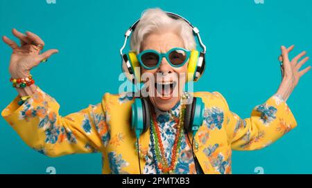 Cool old woman in funny green sunglasses posing on camera. Hands crossed.  Wear pink hoody. Stylish modern grandma. Isolated over pink background.  Stock Photo | Adobe Stock