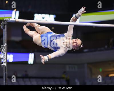 Fort Worth, TX, USA. 13th Apr, 2023. Florida's Riley McCusker competes on the uneven parallel bars during Semifinal I of the 2023 NCAA National Collegiate Women's Gymnastics Championships at Dickies Arena in Fort Worth, TX. Kyle Okita/CSM(Credit Image: © Kyle Okita/Cal Sport Media). Credit: csm/Alamy Live News Stock Photo