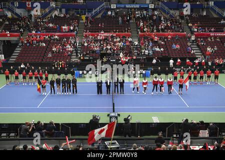 Vancouver, Canada. 14th Apr, 2023. The teams are lined up before the meeting between Canada and Belgium, in the qualifiers for the Billie Jean King Cup tennis in Vancouver, Canada, on Friday 14 April 2023. BELGA PHOTO ANNE-MARIE SORVIN Credit: Belga News Agency/Alamy Live News Stock Photo