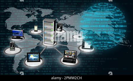 Digital world background. Sequence of zero and one concept of global connection between people, social networks, and infotmatic devices  - 3D Illustra Stock Photo