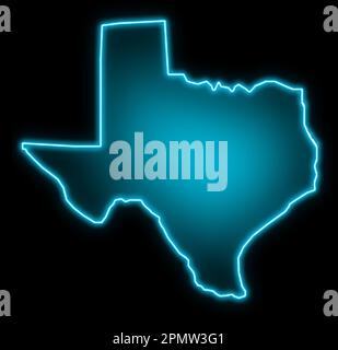 Map of Texas, glowing blue outline on a black background. Neon style Stock Photo