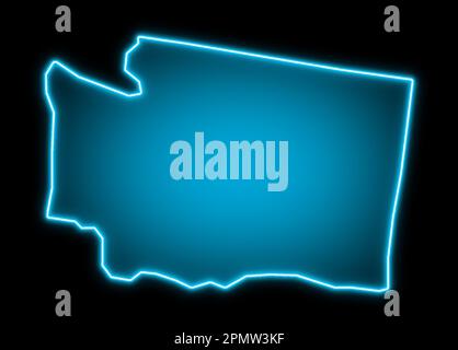 Map of Washington, outline neon style. Bright blue on a black background. Stock Photo