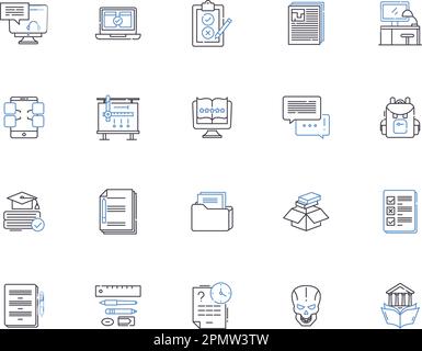 Homework outline icons collection. Exercise, Assignment, Task, Study, Quiz, Projects, Research vector and illustration concept set. Writing, Papers Stock Vector