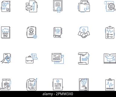 Reports outline icons collection. Reports, Document, Publication, Record, Analysis, Summary, Logs vector and illustration concept set. Findings Stock Vector