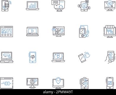 Internet marketing outline icons collection. Search, Optimization, Ads, Social, Analytics, SEO, Online vector and illustration concept set. Display Stock Vector