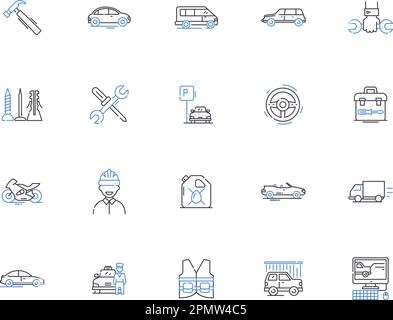 Car service outline icons collection. Maintenance, Garages, Oil-change, Parts, Repairs, Window-tint, Detailing vector and illustration concept set Stock Vector