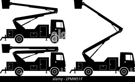 Bucket truck silhouette on white background vector illustration. Cherry picker truck icons set view from side Stock Vector