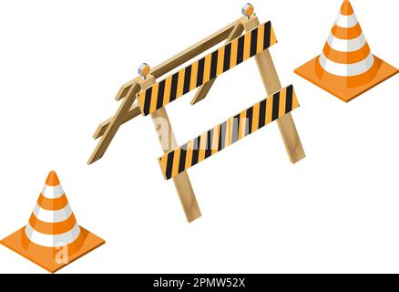 Road barrier with cone isometric vector illustration. Under construction fence concept isolated on white background. Stock Vector
