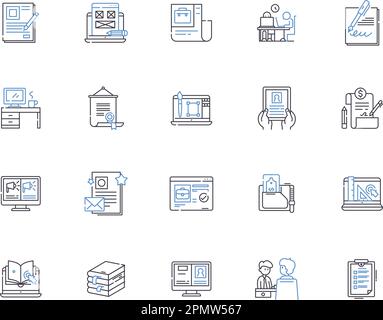 Copywriting outline icons collection. Copywriting, Content, Writing, Creative, Message, Services, Texts vector and illustration concept set. Ads Stock Vector
