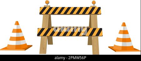 Road barrier with cone vector illustration. Under construction fence concept isolated on white background. Stock Vector
