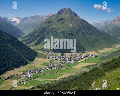 View of Galtür village in summer, Paznaun Valley, Tyrol, Austria Stock Photo