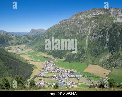 View of Galtür village in summer, Paznaun Valley, Tyrol, Austria Stock Photo