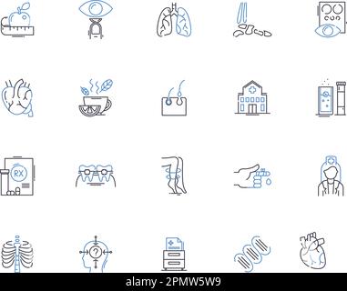 Healthcare outline icons collection. Medicine, Health, Treatment, Care, Well-being, Fitness, Nutrition vector and illustration concept set. Prevention Stock Vector