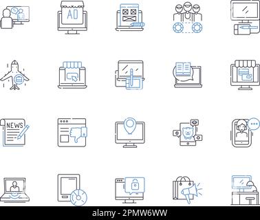 Media company outline icons collection. Media, Company, Broadcasting, Video, Production, Advertising, Television vector and illustration concept set Stock Vector