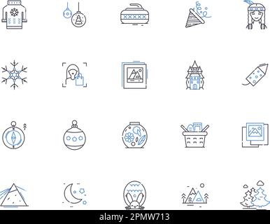 Winter holidays outline icons collection. Christmas, New Year, Snow, Skiing, Reindeer, Elves, Sleigh vector and illustration concept set. Frost Stock Vector