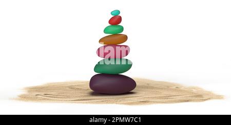 Colorful pebble stack. 3D rendered, made of stone tower on sand, white  background. Harmony, zen-like meditation. Minimalist illustration design Stock Photo