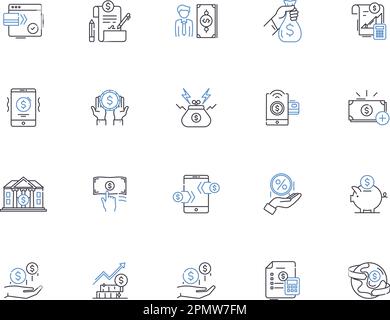 Payment outline icons collection. Fee, Remittance, Tribute, Dues, Spend, Compensation, Stipend vector and illustration concept set. Conferment, Yield Stock Vector