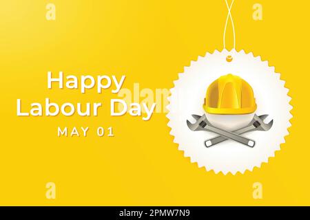 Happy Labour Day vector illustration. May 01 Awareness. Hanging sticker Horizontal poster design. Realistic helmet screw wrench design. Social media Stock Vector