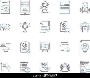 public relations outline icons collection. PR, Communications, Media, Promotion, Publicity, Reputation, Networks vector and illustration concept set Stock Vector