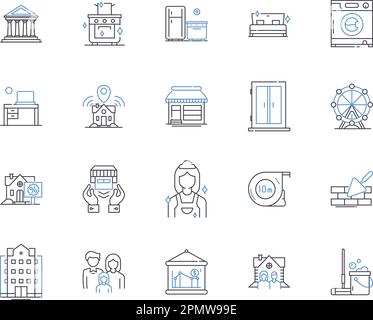 Housekeeping outline icons collection. cleaning, laundry, dusting, vacuuming, mopping, scrubbing, tidying vector and illustration concept set Stock Vector