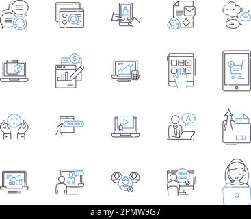 Digital content outline icons collection. Digital, Content, Online, Technology, Media, Data, Platforms vector and illustration concept set. Network Stock Vector