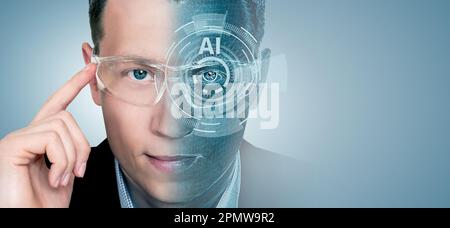 Portrait of a man with glasses. Half face in cyberspace. Artificial intelligence concept. High quality photo Stock Photo