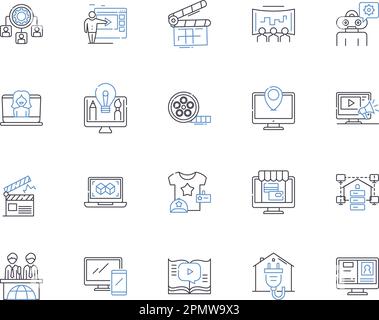 Media corporation outline icons collection. Media, Corporation, Publishing, News, Print, Digital, Network vector and illustration concept set Stock Vector