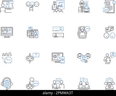 Speech outline icons collection. Speaking, Oratory, Reciting, Rhetoric, Elocution, Pronunciation, Vocalizing vector and illustration concept set Stock Vector