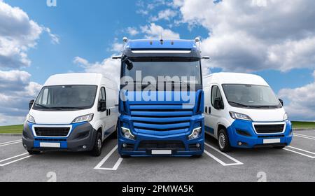 Vans and truck are parked in row. Commercial fleet. High quality photo Stock Photo