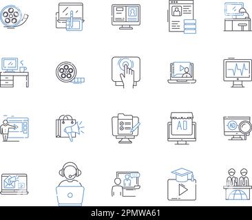 Media technologies outline icons collection. Multimedia, Broadcasting, Streaming, Video, Audio, Graphics, Webcast vector and illustration concept set Stock Vector