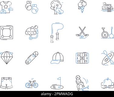 Summer andactivities outline icons collection. Swimming, Hiking, Camping, Boating, Surfing, Fishing, Kayaking vector and illustration concept set Stock Vector