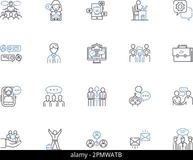 Clients outline icons collection. Customers, Consumers, Patrons, Buyers, Subscribers, Audience, Users vector and illustration concept set. Clients Stock Vector