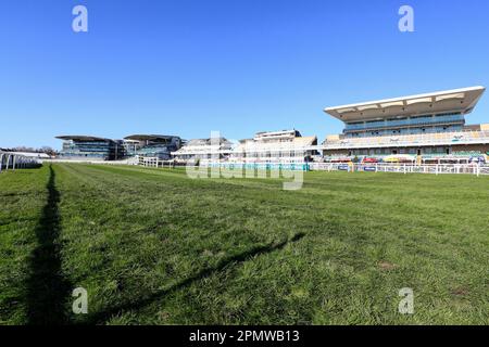 Liverpool, UK. 15th Apr, 2023. The main stands at Aintree ahead of The Randox Grand National festival 2023 Grand National Day at Aintree Racecourse, Liverpool, United Kingdom, 15th April 2023 (Photo by Conor Molloy/News Images) in Liverpool, United Kingdom on 4/15/2023. (Photo by Conor Molloy/News Images/Sipa USA) Credit: Sipa USA/Alamy Live News Stock Photo