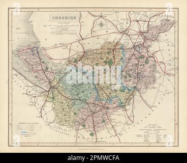 Cheshire antique county map by J & C Walker. Railways & boroughs 1870 old Stock Photo