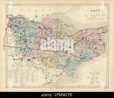 Kent  antique county map by J & C Walker. Railways & boroughs 1870 old Stock Photo