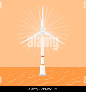 Wind turbine on sea at sunset. Wind energy and Renewable resource. Flat vector illustration Stock Vector