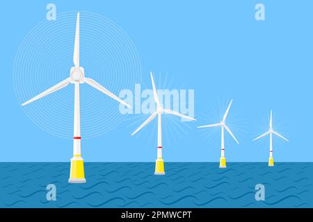 Wind turbines farm on sea. Wind energy and Renewable resource. Flat vector illustration Stock Vector