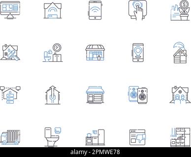 Smart home outline icons collection. Smart, Home, Automation, IoT, Intelligent, Security, Wireless vector and illustration concept set. Alexa, Network Stock Vector