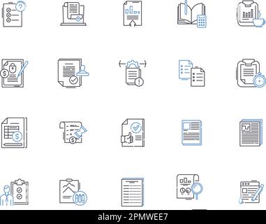 Reports outline icons collection. Reports, Document, Publication, Record, Analysis, Summary, Logs vector and illustration concept set. Findings Stock Vector