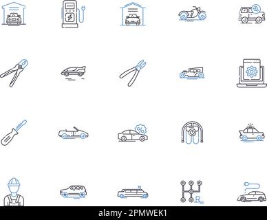 Car service outline icons collection. Maintenance, Garages, Oil-change, Parts, Repairs, Window-tint, Detailing vector and illustration concept set Stock Vector