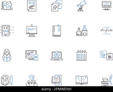 Homework outline icons collection. Exercise, Assignment, Task, Study, Quiz, Projects, Research vector and illustration concept set. Writing, Papers Stock Vector