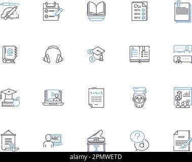 Homework outline icons collection. Exercise, Assignment, Task, Study, Quiz, Projects, Research vector and illustration concept set. Writing, Papers Stock Vector