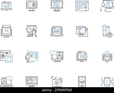 Internet marketing outline icons collection. Search, Optimization, Ads, Social, Analytics, SEO, Online vector and illustration concept set. Display Stock Vector