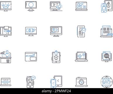 Internet marketing outline icons collection. Search, Optimization, Ads, Social, Analytics, SEO, Online vector and illustration concept set. Display Stock Vector