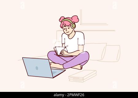 Schoolgirl watches webinar in laptop receiving distance education sitting on bed and making notes in workbook. Girl is engaged in self-education watching webinars and educational videos  Stock Vector