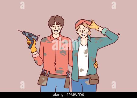 Married couple is engaged in repair or construction with own hands and poses in dirty clothes with screwdriver. Happy man and woman smiling and looking at camera while building own house Stock Vector