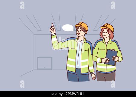 Two industrial room engineers discussing production process and how to repair equipment. Man and woman engineers in construction uniforms and safety helmets hold meetings in unfinished building  Stock Vector