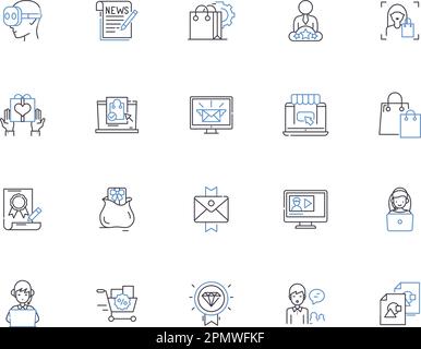 Advertising outline icons collection. Promotion, Branding, Publicity, Media, Placement, Campaign, Reach vector and illustration concept set. Audience Stock Vector