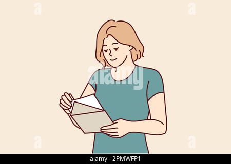 Woman with envelope in hands reads letter received in mail with invitation to entertainment event or conference. Girl with notice from bank in postal envelope demanding payment of interest on loan  Stock Vector